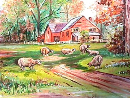 Sheep Near Red Barn